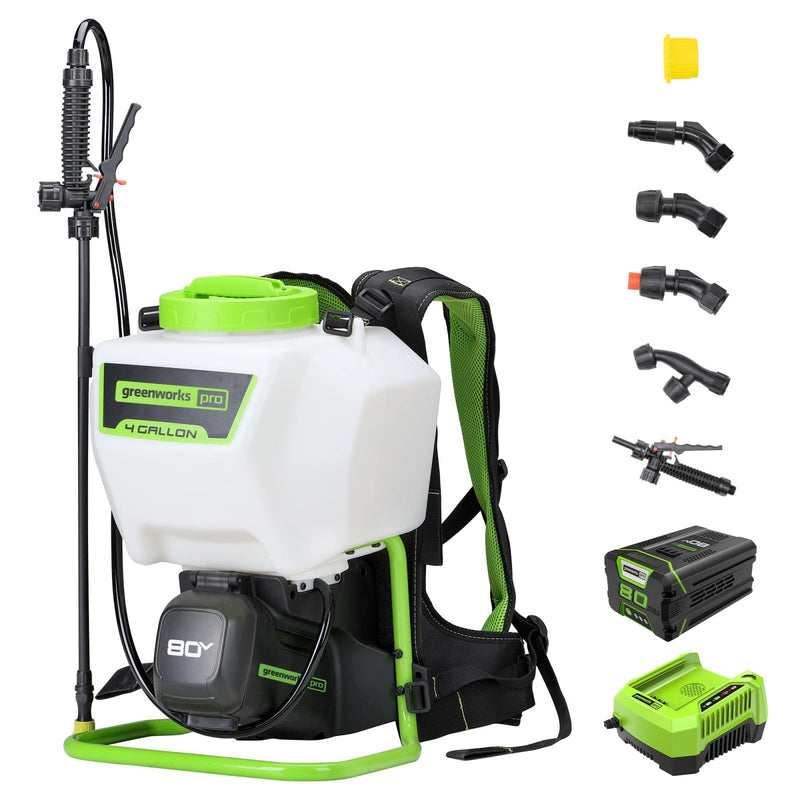Greenworks 80V Backpack Sprayer 4 Gallon,Battery Powered Backpack Sprayer Kit for Weeding, Spraying, Pest Control, 2Ah Battery and Charger Included, Green, 80V Sprayer Kit (2.0Ah)
