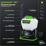 Greenworks 80V Backpack Sprayer 4 Gallon,Battery Powered Backpack Sprayer Kit for Weeding, Spraying, Pest Control, 2Ah Battery and Charger Included, Green, 80V Sprayer Kit (2.0Ah)