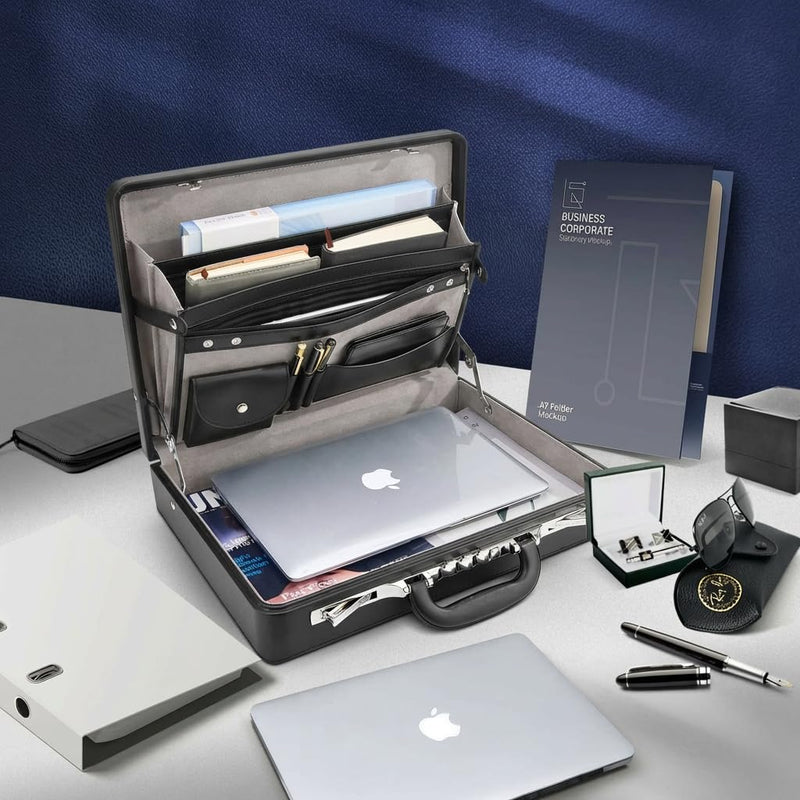 HAESTUS Briefcases for Men, Professional Leather Briefcase with Lock, Hard Shell Business Brief Case, Durable Executive Attache Case for Laptop Documents, Mens Hard Briefcase for Work Office Travel