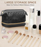 Hairao Toiletry Bag for Women, Large Makeup Bag with Double Layer Design, Waterproof Checkered Makeup Organizer Bag, PU Leather Cosmetic Travel Bag with Brush Compartment, Black
