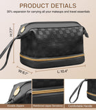 Hairao Toiletry Bag for Women, Large Makeup Bag with Double Layer Design, Waterproof Checkered Makeup Organizer Bag, PU Leather Cosmetic Travel Bag with Brush Compartment, Black