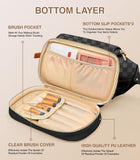 Hairao Toiletry Bag for Women, Large Makeup Bag with Double Layer Design, Waterproof Checkered Makeup Organizer Bag, PU Leather Cosmetic Travel Bag with Brush Compartment, Black