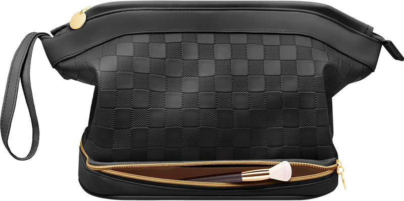 Hairao Toiletry Bag for Women, Large Makeup Bag with Double Layer Design, Waterproof Checkered Makeup Organizer Bag, PU Leather Cosmetic Travel Bag with Brush Compartment, Black