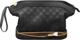 Hairao Toiletry Bag for Women, Large Makeup Bag with Double Layer Design, Waterproof Checkered Makeup Organizer Bag, PU Leather Cosmetic Travel Bag with Brush Compartment, Black