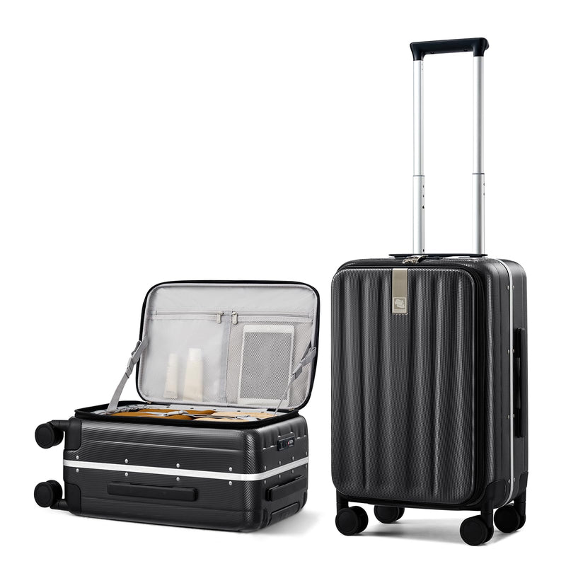 Hanke 20 Inch Carry - On Luggage PC Hard Shell Suitcases for Travel Front Opening Aluminum Frame Travel Luggage Rolling Suitcase with Wheels for Women Man Gifts.(Jet Black)