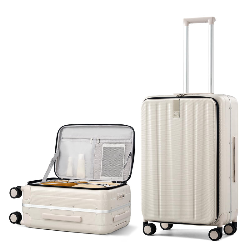 Hanke 24 Inch Checked Luggage PC Hard Case Luggage Top Opening Aluminum Frame Travel Luggage Suitcases with Wheels for Woman Men.(Ivory white)