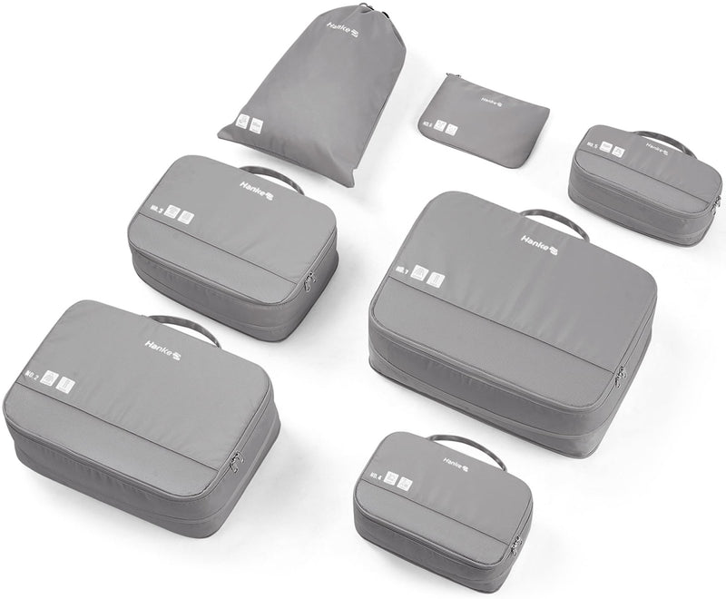 Hanke 7 Set Compression Packing Cubes for Travel, Expandable Large Packing Cubes for Suitcases and Backpack, Luggage Packing Organizer Bags with Double Zipper as Travel Essentials,Light Grey