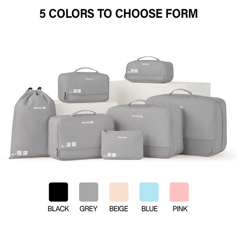 Hanke 7 Set Compression Packing Cubes for Travel, Expandable Large Packing Cubes for Suitcases and Backpack, Luggage Packing Organizer Bags with Double Zipper as Travel Essentials,Light Grey