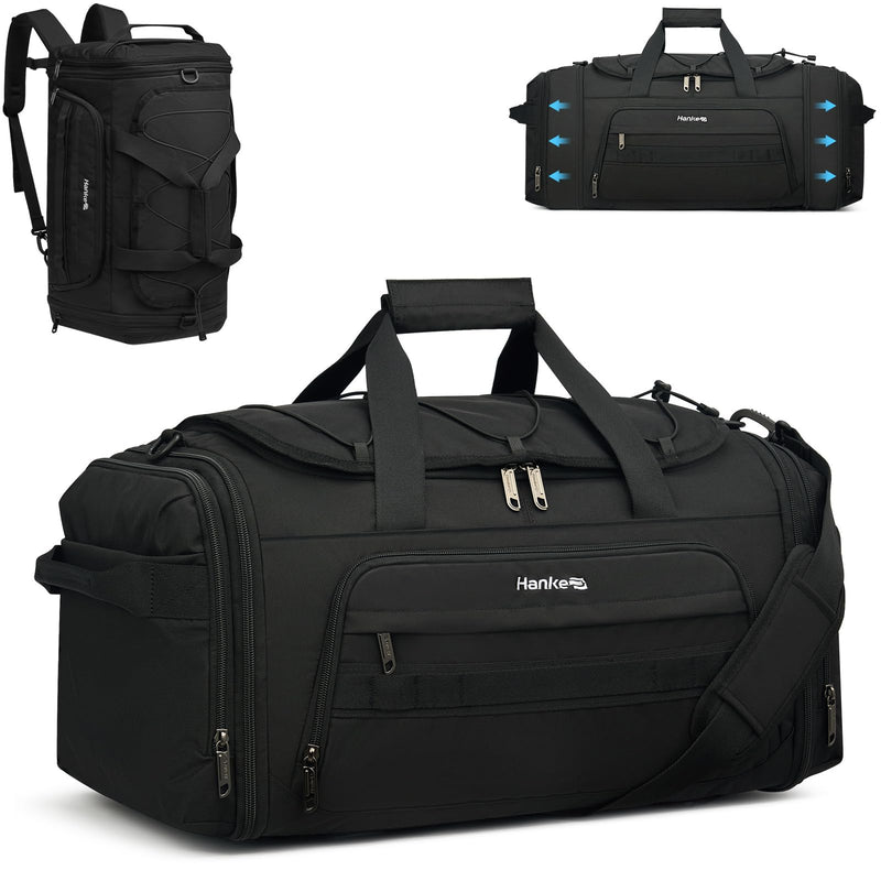 Hanke Duffle Bag for Travel, Dual Expandable 45L - 55L Carry On Duffel, 3 In 1 Weekender Tote, Water Resistant Overnight Bag with 15.6" Compartment for Men Women, Black