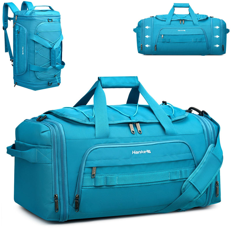 Hanke Duffle Bag for Travel, Dual Expandable 45L - 55L Carry On Duffel, 3 In 1 Weekender Tote, Water Resistant Overnight Bag with 15.6" Compartment for Men Women, Caribbean Blue