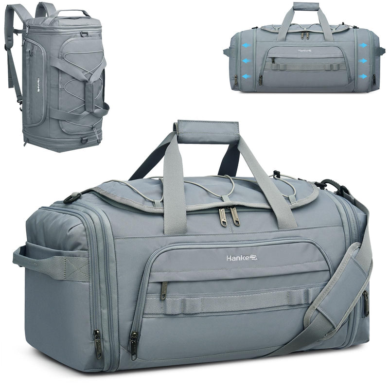 Hanke Duffle Bag for Travel, Dual Expandable 45L - 55L Carry On Duffel, 3 In 1 Weekender Tote, Water Resistant Overnight Bag with 15.6" Compartment for Men Women, Grey