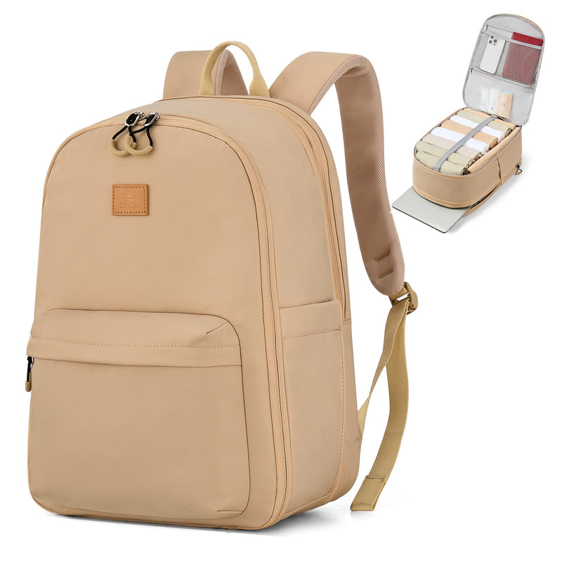 Hanke Expandable Laptop Backpack for Women and Men, 24L - 30L Travel Backpack, 15.6 Inch College Laptop Bookbag for School Work, Water Resistant Carry On Personal Item Bag, Khaki