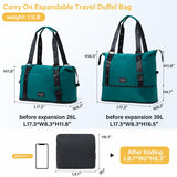 Hanke Expandable Tote Bag Foldable Duffle Bag for Travel Carry on Weekend Bag for Women with Adjustable Shoulder Strap Gym Bag for Men Garment Bag.（Jungle Green）