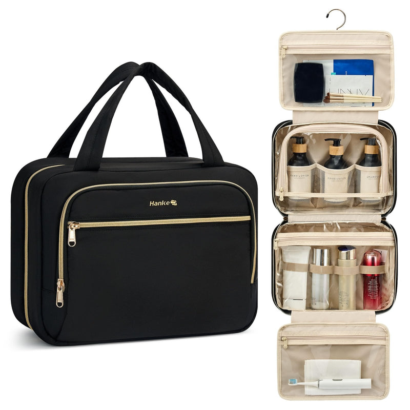 Hanke Hanging Travel Toiletry Bag for Women, Water - Resistant Makeup Organizer with Hook, Cosmetic Bag for Bathroom & Travel Essentials Accessories, Black