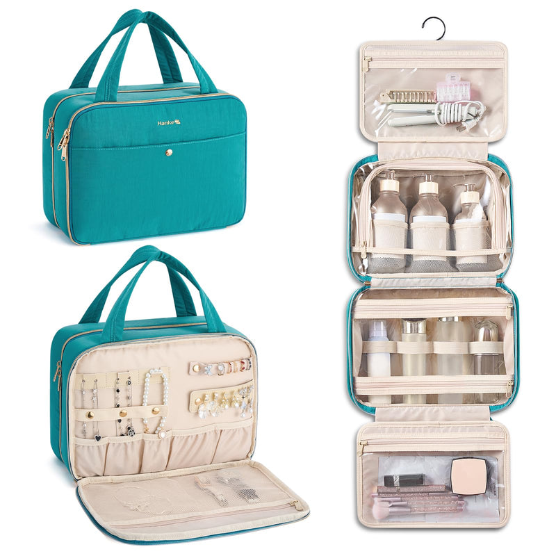 Hanke Hanging Travel Toiletry Bag for Women with Jewelry Organizer Compartment, Travel Essentials Toiletries and Makeup Bag, Water - Resistant & Stain - Resistant with Trolley Strap (Turquoise Green)