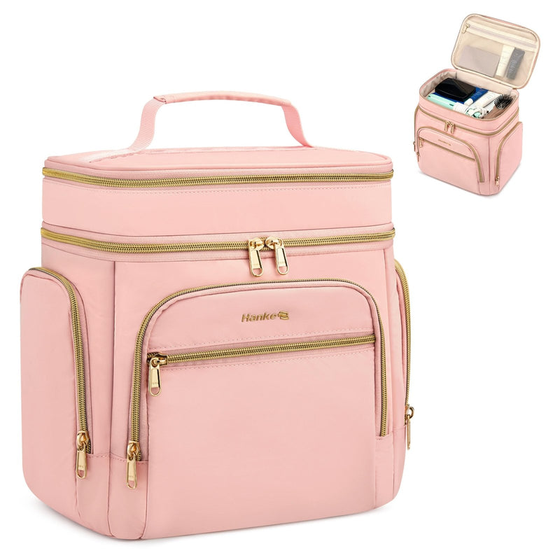 Hanke Large Toiletry Bag for Women Travel, Double Layer Organizer with Wide Opening for Full - Size Cosmetics & Toiletries, 12.2L Water - Resistant Makeup Bag,Pink