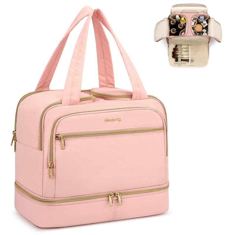 Hanke Travel Toiletry Bag, Lightweight Wide - open Large Toiletry Bags for Women, Dual - Layer Makeup Bag Water - Resistant Cosmetic Travel Bag with Handle for Accessories, Essentials, Pink