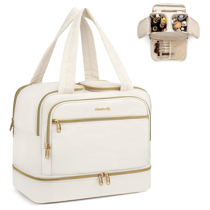 Hanke Travel Toiletry Bag, Lightweight Wide - open Large Toiletry Bags for Women, Dual - Layer Makeup Bag Water - Resistant Cosmetic Travel Bag with Handle for Accessories, Essentials, Off White