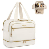 Hanke Travel Toiletry Bag, Lightweight Wide-open Large Toiletry Bags for Women, Dual-Layer Makeup Bag Water-Resistant Cosmetic Travel Bag with Handle for Accessories, Essentials, Off White