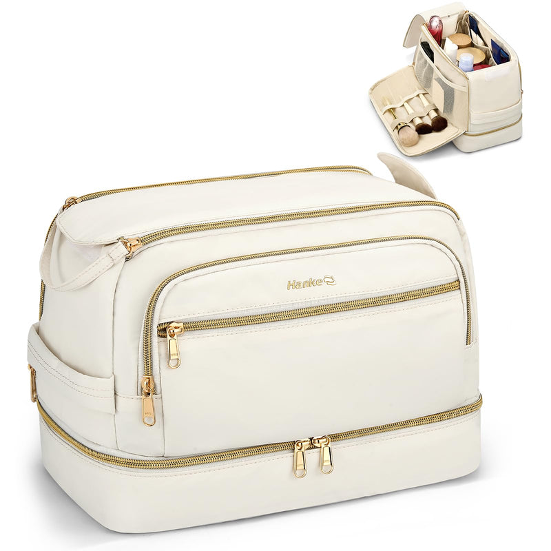 Hanke Travel Toiletry Bag, Lightweight Wide - open Makeup Bag, Dual - Layer Travel Bag for Toiletries Water - Resistant Cosmetic Bags Large Toiletry Bags for Women & Men, Travel Essentials, Off White
