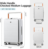 Hanke Wide Handle Luggage, 24 Inch Suitcase with Front Pocket, Top Open PC Hard Shell Suitcases with Spinner Wheels,Trunk Style Zipperless Aluminum Luggages Large Checked In(Grey, 69L)