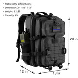 Hannibal Tactical 45L MOLLE Assault Backpack, Tactical Backpack Military Army Camping Rucksack with Bottle Holder, 3 - Day Pack Trip w/USA Flag Patch, D - Rings, Black