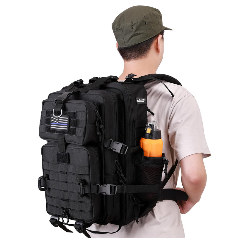 Hannibal Tactical 45L MOLLE Assault Backpack, Tactical Backpack Military Army Camping Rucksack with Bottle Holder, 3 - Day Pack Trip w/USA Flag Patch, D - Rings, Black