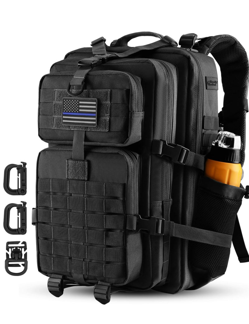 Hannibal Tactical 45L MOLLE Assault Backpack, Tactical Backpack Military Army Camping Rucksack with Bottle Holder, 3 - Day Pack Trip w/USA Flag Patch, D - Rings, Black