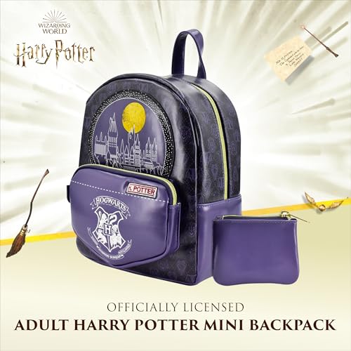 Harry Potter Mini Backpack with Coin Purse, Hogwarts Artifacts Design Small Travel Bag for Men and Women, Multi, 10 Inch