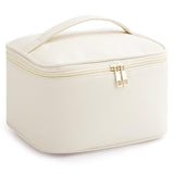 HBlife Travel Makeup Bag Portable Cute Leather Cosmetic Bag Large Make Up Bag Makeup Case Organizer Toiletry Bag for Women Girls with Handle and Removable Divider (Beige)