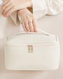HBlife Travel Makeup Bag Portable Cute Leather Cosmetic Bag Large Make Up Bag Makeup Case Organizer Toiletry Bag for Women Girls with Handle and Removable Divider (Beige)