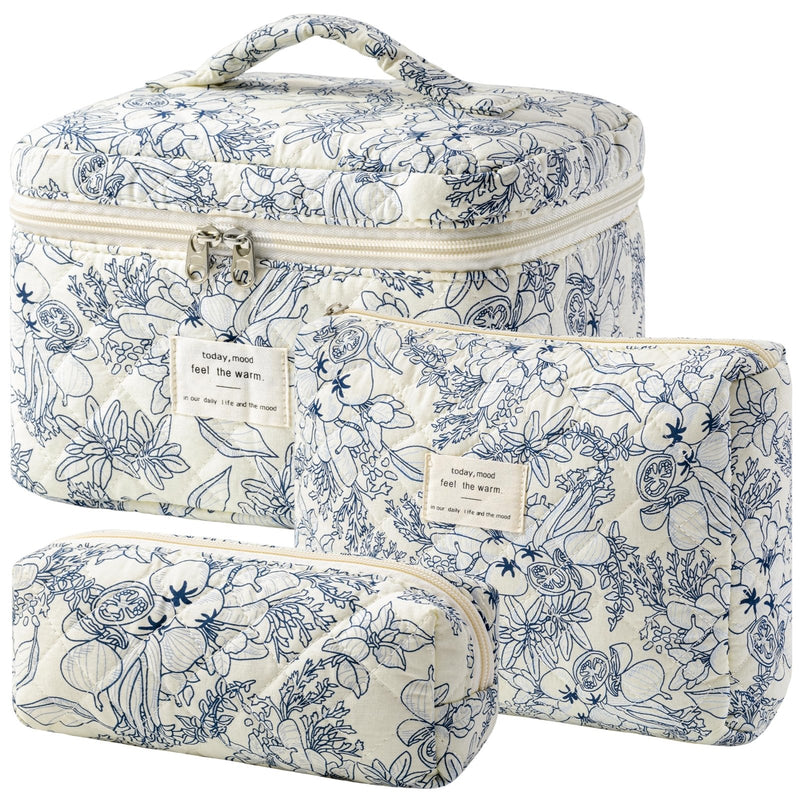 HBselect Quilted Makeup Bag, 3PCS Cotton Large Travel Makeup Bag, Cute Floral Coquette Make up Bag Cosmetic Bag Toiletry Bag for Women Girls
