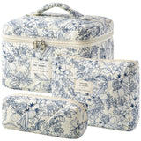 HBselect Quilted Makeup Bag, 3PCS Cotton Large Travel Makeup Bag, Cute Floral Coquette Make up Bag Cosmetic Bag Toiletry Bag for Women Girls