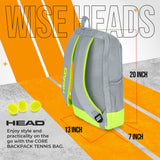 HEAD Core Tennis Backpack, Holds 2 Racquets, Padded Straps, Grey/Yellow
