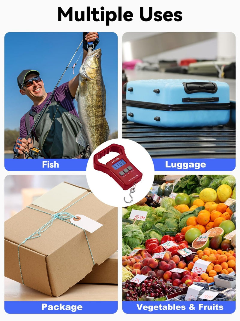 HEETA Fish Scale, 110lb/50kg Digital Portable Hanging Fishing Weight Scale with Backlit LCD Display, Luggage Scale with Non - Slip Large ABS Handle & 2 AAA Batteries, Fishing Gifts Gear for Men, Red