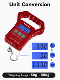HEETA Fish Scale, 110lb/50kg Digital Portable Hanging Fishing Weight Scale with Backlit LCD Display, Luggage Scale with Non - Slip Large ABS Handle & 2 AAA Batteries, Fishing Gifts Gear for Men, Red