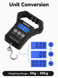 HEETA Fish Scale, 110lb/50kg Digital Portable Hanging Fishing Weight Scale with Backlit LCD Display, Luggage Scale with Non - Slip Large ABS Handle & 2 AAA Batteries, Fishing Gifts Gear for Men, Black