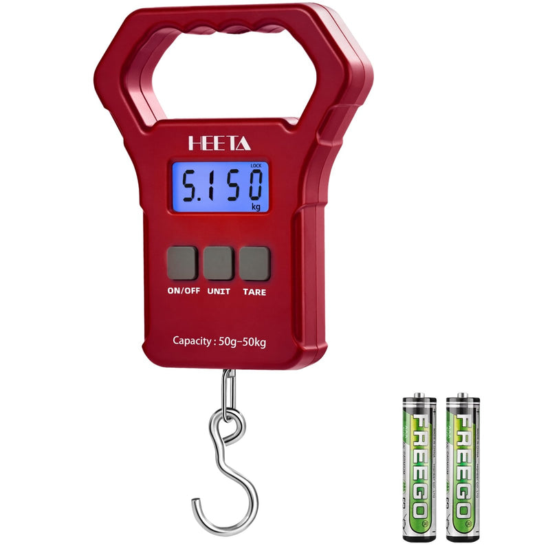 HEETA Fish Scale, 110lb/50kg Digital Portable Hanging Fishing Weight Scale with Backlit LCD Display, Luggage Scale with Non - Slip Large ABS Handle & 2 AAA Batteries, Fishing Gifts Gear for Men, Red