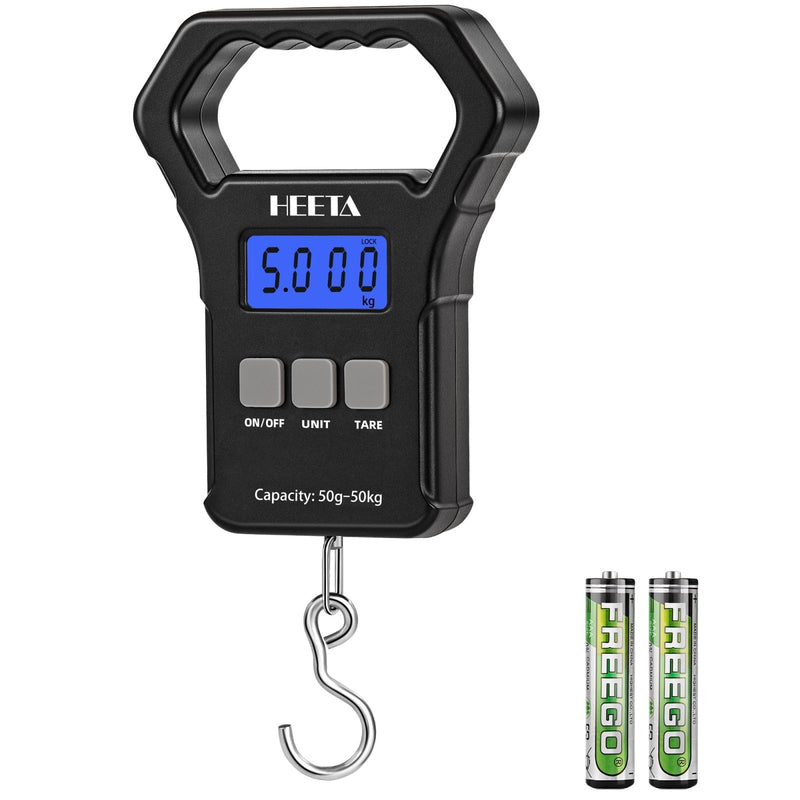 HEETA Fish Scale, 110lb/50kg Digital Portable Hanging Fishing Weight Scale with Backlit LCD Display, Luggage Scale with Non - Slip Large ABS Handle & 2 AAA Batteries, Fishing Gifts Gear for Men, Black