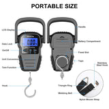 HEETA Fish Scale with Backlit LCD Display, Up to 110lb/50kg Digital Portable Hanging Fish Weight Scale with Hook & Measuring Tape for Home Farm Outdoor Hunting Fishing, 2 AAA Batteries Included, Black