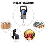 HEETA Fish Scale with Backlit LCD Display, Up to 110lb/50kg Digital Portable Hanging Fish Weight Scale with Hook & Measuring Tape for Home Farm Outdoor Hunting Fishing, 2 AAA Batteries Included, Black