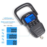 HEETA Fish Scale with Backlit LCD Display, Up to 110lb/50kg Digital Portable Hanging Fish Weight Scale with Hook & Measuring Tape for Home Farm Outdoor Hunting Fishing, 2 AAA Batteries Included, Black