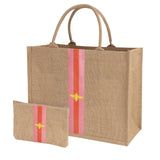 Hello Beaches Large Beach Bag Jute Woven Pink and Red. Beach Bags for women. Versatile tote use as a Pool bag or Work tote.