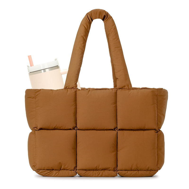 Herald Puffer Tote Bag for Women, Large Quilted Puffy Handbag Lightweight Satchel Purse with Cup Holder & Compartment (Brown)