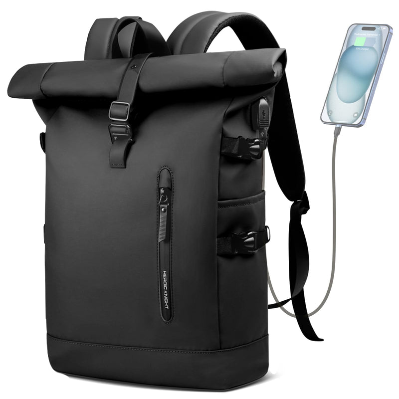 HEROIC KNIGHT Rolltop Backpack, 15.6 Inch Waterproof Laptop Backpack with USB Charging Port, Expandable 18 - 27L Travel Backpack for Men Women, Casual Daypack for Work Business College - Black