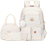 Hey Yoo School Backpack for Girls Backpack with Lunch Box Teen Girl Backpack Set Cute School Bag Bookbag for Teen Girls (White)
