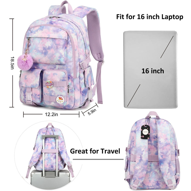 Hidds Laptop Backpacks 16 Inch School Bag College Backpack Anti Theft Travel Casual Daypack Bags Cute Bookbags Large Colorfull Carry on Back Pack for Teens Girls Women Students (Tie - Dye Purple)