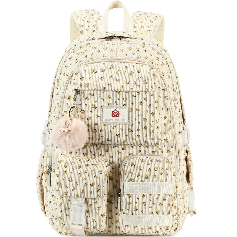 Hidds School Backpack for Teens Girls Women 15.6 Inch Laptop College Backpacks Corduroy Work Bag Kids Elementary Middle High Campus Bookbag Students Anti Theft Travel Daypack Womens - Beige Floral