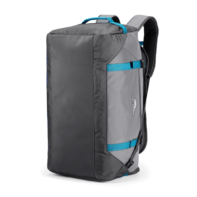 High Sierra Fairlead Convertible Duffel Bag, Lightweight and Durable Weekender Duffel, easily converts into backpack, 64L Capacity, Steel Gray/Mercury/Blue