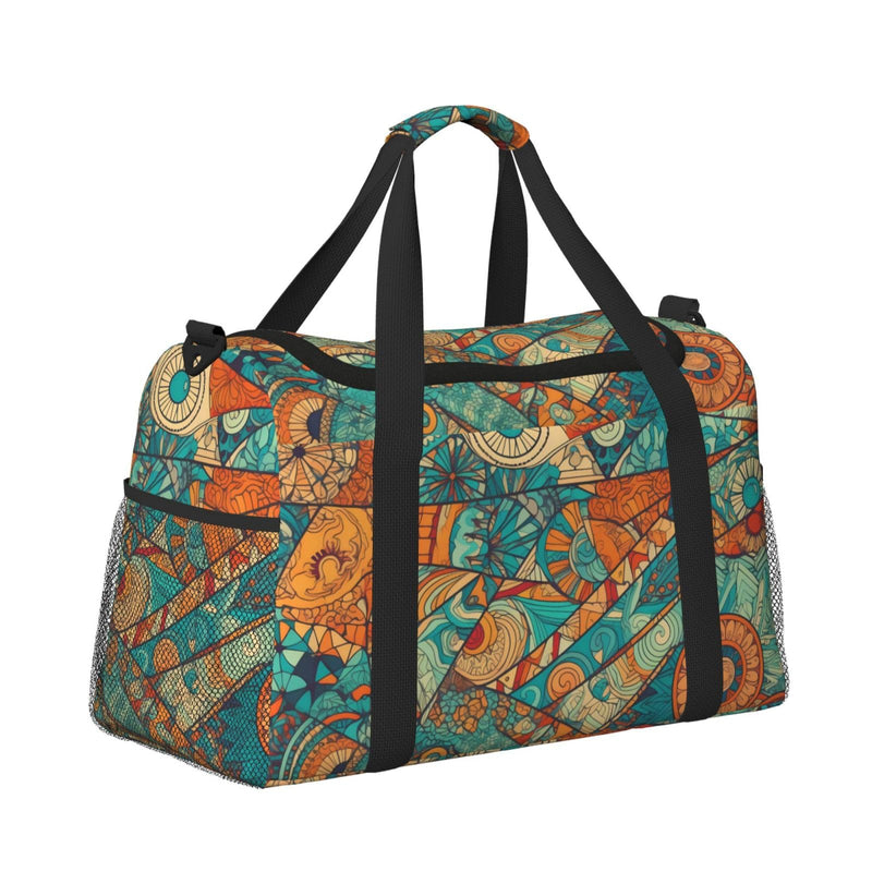 Hippie Patchwork Big Capacity Sports Gym Bag Portable Travel Duffle Bag, Vintage Elements Lightweight Weekender Workout Bag for Overnight, Unisex